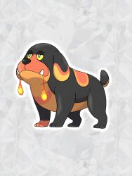  abstract_background absurdres black_fur blue_eyes bright_pupils brown_fur calwakerz colored_sclera dog drooling ears_down fakemon grey_background highres multicolored_fur no_humans original pokemon pokemon_(creature) solo sugimori_ken_(style) tail white_pupils yellow_sclera 