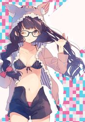  1girl adjusting_hair animal_hat bikini_top blue-framed_glasses booota braid brown_eyes brown_hair collarbone glasses hat jacket long_hair navel one_eye_closed original panties red_panties revision shorts solo twintails underwear unzipped 