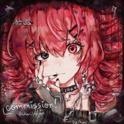  1girl akari_(akariimia) album_cover artist_name black_choker black_eyes black_gloves black_sweater choker close-up commentary cover dot_nose drill_hair english_commentary english_text fingerless_gloves gloves goth_fashion hair_between_eyes hair_ornament hairclip hand_on_own_face heterochromia highres jewelry kasane_teto long_sleeves looking_at_viewer necklace red_eyes red_hair silver_jewelry silver_necklace silver_ring solo sweater twin_drills twitter_username utau x_hair_ornament 