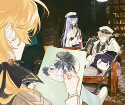  3boys alkaid_mcgrath alkaid_mcgrath_(infinite_empire) benzi169 black_cape black_gloves black_ribbon blonde_hair cael_anselm cael_anselm_(infinite_empire) cape character_doll chinese_commentary closed_mouth collared_cape collared_shirt commentary_request couch covered_eyes crayon_drawing crossed_arms doll drawing_(action) drawing_(object) epaulettes gloves green_eyes hair_between_eyes hair_ribbon hat heroine_(lovebrush_chronicles) holding holding_pencil holding_sketchbook indoors jacket lapels lars_rorschach lars_rorschach_(infinite_empire) long_hair long_hair_between_eyes long_sleeves looking_at_another lovebrush_chronicles low_ponytail male_focus medium_hair meme military_hat military_uniform modeling multiple_boys necktie notched_lapels on_couch peaked_cap pencil ponytail purple_hair reclining ribbon shirt shoes side_cape sideways_glance single_epaulette sitting sketchbook smile standing sword unamused upper_body violet_eyes weapon white_cape white_hat white_jacket white_shoes yellow_necktie 