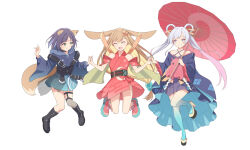  3girls absurdres animal_ears black_boots black_choker blonde_hair blue_hair blue_hoodie blue_kimono boots brown_hair cho_kaguya-hime! choker clothing_cutout colored_extremities colored_inner_hair commentary_request crescent crescent_hair_ornament fishnet_thighhighs fishnets forehead_jewel fox_ears fox_girl fox_tail garter_straps green_eyes hair_ornament hair_rings hair_stick hands_up highres holding holding_hands holding_umbrella hood hood_down hoodie indoors japanese_clothes jumping kaguya_(cho_kaguya-hime!) kimono long_hair multicolored_hair multiple_girls off_shoulder oil-paper_umbrella pink_hair pink_shoes rabbit_ears rabbit_girl red_kimono red_umbrella runami_yachiyo sakayori_iroha shide shoes short_hair shoulder_cutout simple_background single_thighhigh tail thigh-highs touko_(2569949457) twintails umbrella white_background white_hair 
