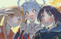  3girls ^_^ animal_ears arm_up blonde_hair blue_hoodie blue_kimono blue_nails blush brown_hair cho_kaguya-hime! closed_eyes colored_inner_hair commentary crescent crescent_hair_ornament forehead_jewel fox_ears fox_girl green_eyes hair_ornament hair_rings highres holding holding_umbrella hood hood_down hoodie imiin japanese_clothes kaguya_(cho_kaguya-hime!) kimono long_hair multicolored_hair multiple_girls open_mouth rabbit_ears rabbit_girl runami_yachiyo sakayori_iroha umbrella w white_hair 