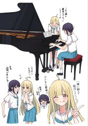  2girls ahoge black_hair blue_skirt blush cho_kaguya-hime! commentary_request grand_piano green_eyes highres instrument kaguya_(cho_kaguya-hime!) long_hair mole mole_under_eye multiple_girls music one_eye_closed piano playing_instrument pleated_skirt red_eyes sailor_collar sakayori_iroha school_uniform shirota_(takoyaki_110721) shirt short_sleeves sitting skirt translation_request very_long_hair w white_background white_shirt 