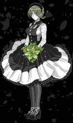  1girl ankle_ribbon black_background black_dress black_gloves black_hairband black_pantyhose black_shoes blonde_hair bouquet circle_skirt closed_mouth collared_shirt commentary_request contrast_collar danganronpa_(series) danganronpa_v3:_killing_harmony dress eyelashes eyes_visible_through_hair floating_clothes flower footwear_ribbon frilled_dress frilled_hairband frills full_body gloves green_eyes green_flower hair_over_one_eye hairband high_heels highres holding holding_bouquet lace-trimmed_dress lace_trim leg_ribbon light_frown lily_(flower) long_dress long_sleeves pale_skin pantyhose pinafore_dress pleated_dress pointy_nose ribbon shirt shiruko_(mikan4649) shoes short_hair simple_background sleeveless sleeveless_dress solo sparkle standing tojo_kirumi white_ribbon white_shirt 