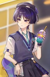  1boy arm_at_side beret black_hat black_shorts blue_gem blue_trim blunt_ends blurry blurry_background chain choppy_bangs closed_mouth collared_shirt contemporary cup disposable_cup drinking_straw expressionless eyelashes eyeliner feathers gem genshin_impact grey_sweater_vest hair_intakes hand_up hat highres holding holding_cup looking_to_the_side makeup male_focus multicolored_hair o-ring official_alternate_costume open_collar outdoors pom_pom_(clothes) purple_hair purple_trim red_eyeliner scaramouche_(genshin_impact) school_uniform shirt short_sleeves shorts skateboard solo streaked_hair sweater_vest tmzkfkdwk undershirt upper_body violet_eyes vision_(genshin_impact) wanderer_(genshin_impact) wanderer_(mega_mgc_coffee)_(genshin_impact) white_shirt white_sleeves white_trim wrist_cuffs wristband yellow_feathers 