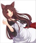  1girl animal_ears bare_shoulders blush breasts brooch brown_hair collarbone dress fingernails imaizumi_kagerou jewelry long_hair looking_at_viewer nail_polish open_mouth red_eyes simple_background solo touhou white_background wolf_ears 