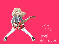  1girl artist_name black_necktie black_shoes blazer blonde_hair blue_eyes collared_shirt commentary dated dress_shirt drop_shadow girls_und_panzer grey_jacket guitar hair_intakes highres holding holding_guitar holding_instrument instrument jacket kay_(girls_und_panzer) long_sleeves medium_hair miniskirt music necktie open_clothes open_jacket open_mouth pink_background playing_guitar playing_instrument pleated_skirt red_skirt s_l_c_dive saunders_school_uniform school_uniform shirt shoes signature skirt sleeves_rolled_up smile sneakers solo spread_legs standing thigh-highs twitter_username untucked_shirt white_shirt white_thighhighs wing_collar 