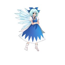  1girl back_bow blue_bow blue_dress blue_eyes blue_hair blush bow break~ chinese_commentary cirno commentary_request crossed_arms detached_wings dress embodiment_of_scarlet_devil full_body hair_bow highres ice ice_wings looking_at_viewer open_mouth pinafore_dress puffy_short_sleeves puffy_sleeves short_sleeves simple_background sleeveless sleeveless_dress smile smug socks solo touhou white_background white_socks wings 