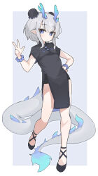  1girl absurdres bead_bracelet beads black_dress black_shoes blue_eyes blush bracelet china_dress chinese_clothes commentary double_bun dragon_girl dragon_horns dragon_tail dress flat_chest full_body fur-tipped_tail grey_background grey_hair hair_bun hand_on_own_hip hand_up highres horns jewelry looking_at_viewer original pointy_ears shoes short_hair short_sleeves shorts_under_dress simple_background solo standing tail tetetaco untranslatable_commentary w 