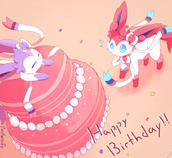  2others artist_name birthday_cake blue_eyes blue_sclera bow cake closed_eyes colored_sclera confetti english_commentary flying_sweatdrops food from_above full_body happy_birthday highres jewelry looking_at_another lying multiple_others necklace no_humans orange_background parted_lips pink_bow pink_fur pokemon pokemon_(creature) purpleninfy redesign ribbon slit_pupils standing sylveon two-tone_bow two-tone_fur white_bow white_fur 