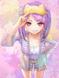  1girl :d absurdres blonde_streaks blue_streaks breasts collarbone commentary_request cowboy_shot diamond-shaped_pupils diamond_(shape) eyelashes fang frilled_shorts frills grin hand_on_own_hip hand_up heaven_burns_red highres index_finger_raised ishii_iroha leaning_forward lips long_sleeves mask mask_on_head medium_breasts medium_hair multicolored_hair paint_splatter pajamas pink_background purple_hair shorts simple_background sleep_mask smile smug solo straight-on straight_hair streaked_hair striped_clothes striped_pajamas striped_shorts sybilla_(batvb) symbol-shaped_pupils twintails v-shaped_eyebrows violet_eyes wide_sleeves yellow_pupils 