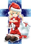 1girl aqua_eyes baretto black_legwear blush breasts christmas cleavage cleavage_cutout fur_trim gift hat kantai_collection looking_at_viewer low_twintails mittens open-chest_sweater open_mouth prinz_eugen_(kantai_collection) ribbed_sweater sack santa_hat sitting snow solo sweater thigh-highs turtleneck twintails wariza 