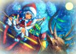  1girl amasaki_(amakasa_r) blue_hair blush brown_eyes christmas hat original panties pantyshot reindeer santa_costume santa_hat sleigh smile solo underwear 