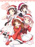  4girls :d :o ;d ahoge animal_hat antenna_hair apron bell black_hair blue_eyes blush braid brown_eyes brown_hair cake cat_hat double_bun double_v food fur_trim gloves grin hair_bobbles hair_ornament hat heart kantai_collection knee_up looking_at_viewer merry_christmas multiple_girls naka_(kantai_collection) necktie nishimura_eri one_eye_closed open_mouth pantyhose pink_eyes pink_hair red_gloves ryuujou_(kantai_collection) santa_hat sazanami_(kantai_collection) scarf school_uniform shigure_(kantai_collection) single_braid sitting smile twintails v white_gloves white_legwear 