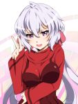  1girl baiola bow hair_bow long_hair senki_zesshou_symphogear sleeves_past_wrists smile solo sweater v violet_eyes white_hair yukine_chris 