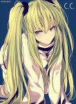  1girl blush c.c. code_geass green_hair hair_ornament long_hair mashima_shima signature solo twintails yellow_eyes 