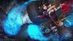  1girl ahri animal_ears black_hair black_nails blue_fire breasts cleavage facial_mark fire fireball fox_ears fox_tail highres hitodama league_of_legends magic magion02 multiple_tails signature solo tail tree watermark web_address wrist_cuffs yellow_eyes 