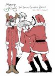  3boys aldnoah.zero antlers artist_name boots character_name christmas cruhteo dated full_body hat heart highres long_sleeves looking_at_another male_focus merry_christmas monochrome multiple_boys red reindeer_antlers saazbaum santa_costume shimura_takako simple_background slaine_troyard spot_color white_background 