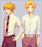  1boy bad_id bad_pixiv_id blonde_hair blue_eyes contemporary dual_persona earrings hand_in_pocket hand_on_hip jewelry link necktie noaki pointy_ears smile the_legend_of_zelda the_legend_of_zelda:_ocarina_of_time the_legend_of_zelda:_twilight_princess 