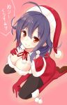  1girl ahoge arm_support black_legwear blush boots breasts capelet cleavage fur_trim gloves hair_flaps hand_on_own_chest hat kantai_collection kneeling low_twintails note_(aoiro_clip) pantyhose pink_background purple_hair red_eyes red_gloves santa_costume santa_hat smile solo taigei_(kantai_collection) translation_request twintails 