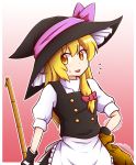  1girl :d blonde_hair broom flying_sweatdrops gloves hair_ribbon hand_on_hip hat kirisame_marisa long_hair looking_away nervous open_mouth ribbon sack skirt skirt_set smile solo sweat touhou tress_ribbon turtleneck vest witch_hat wool_(miwol) yellow_eyes 