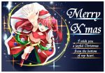  1girl :d armlet blue_eyes boots breasts christmas christmas_ornaments cleavage cleavage_cutout english from_above fur_trim gochiwa hair_ornament hair_tubes hat heart heart_hair_ornament highres light_particles long_hair merry_christmas mound_of_venus navel open_mouth pink_hair puzzle_&amp;_dragons red_skirt santa_boots santa_costume santa_hat skirt smile solo tiara two_side_up venus_(p&amp;d) 