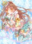  1girl asymmetrical_legwear bird brown_eyes brown_hair crown detached_sleeves holding long_hair looking_at_viewer love_live!_school_idol_project minami_kotori mini_crown mogu_(au1127) navel solo wand 