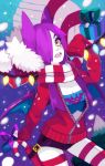 1girl bat_ears blue_(hopebiscuit) box breasts candy candy_cane christmas christmas_lights cleavage crobat eyelashes eyeshadow gift gift_box hair_over_one_eye holster makeup open_mouth personification pokemon purple_hair red_legwear scarf short_hair short_shorts shorts small_breasts snowing solo striped striped_legwear striped_scarf thigh-highs track_jacket tubetop white_skin yellow_eyes 
