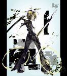  1girl blonde_hair blue_eyes bow cyborg hair_bow highres kagamine_rin metal_gear_(series) metal_gear_rising:_revengeance papaia_(quentingqoo) pillarboxed short_hair solo sword vocaloid weapon 