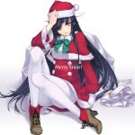  1girl black_hair dated hair_over_one_eye hayashimo_(kantai_collection) kantai_collection legs long_hair merry_christmas on_floor pantyhose rokuwata_tomoe santa_costume signature simple_background sitting solo very_long_hair white_background yellow_eyes 