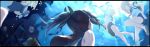  4girls border brown_hair fish from_behind i-168_(kantai_collection) i-401_(kantai_collection) i-58_(kantai_collection) i-8_(kantai_collection) kantai_collection multiple_girls ponytail sailor_collar school_swimsuit short_hair swimsuit tsuuhan underwater 