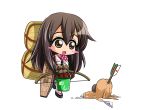  1girl akagi_(kantai_collection) arrow bow_(weapon) brown_eyes brown_hair bucket chibi commentary_request d.a flight_deck japanese_clothes kantai_collection long_hair muneate panties underwear weapon white_panties yugake 