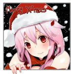  1girl bare_shoulders center_opening fingerless_gloves gloves guilty_crown hair_ornament hairclip hat hildasxd long_hair looking_at_viewer merry_christmas pink_hair red_eyes santa_hat smile solo twintails yuzuriha_inori 