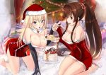  2girls akasaai all_fours alternate_costume bare_legs bare_shoulders barefoot bismarck_(kantai_collection) black_gloves blonde_hair blue_eyes blush breasts brown_eyes brown_hair cake christmas cleavage detached_collar detached_sleeves dress elbow_gloves feeding food food_on_face gloves hat jpeg_artifacts kantai_collection long_hair multiple_girls rug santa_hat seiza sitting strapless_dress very_long_hair yamato_(kantai_collection) 