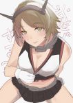  1girl arm_support bare_shoulders blush breasts brown_hair cleavage downblouse gloves hareno_chiame headgear kantai_collection looking_at_viewer midriff mutsu_(kantai_collection) short_hair sitting sketch skirt solo white_gloves yellow_eyes 