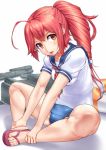  highres holding_legs i-168_(kantai_collection) kantai_collection long_hair open_mouth ponytail red_eyes redhead sandals school_swimsuit school_uniform serafuku sitting swimsuit swimsuit_under_clothes torpedo yoshiwa_tomo 