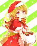  1girl bow brown_hair gift hat koizumi_hanayo looking_at_viewer love_live!_school_idol_project oda_(101511a) santa_costume santa_hat scarf smile solo striped striped_background violet_eyes 