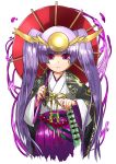  &gt;:&lt; :&lt; androgynous bangs blunt_bangs hakama haori headpiece holding holding_umbrella japanese_clothes katana kei_(keiclear) long_hair looking_at_viewer oriental_umbrella purple_hair puzzle_&amp;_dragons simple_background solo sword twintails umbrella weapon white_background wide_sleeves yomi_(p&amp;d) 