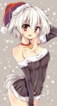  1girl alternate_costume animal_ears blush breasts christmas cleavage detached_sleeves hat inubashiri_momiji looking_at_viewer matsuri_uta open_mouth red_eyes short_hair silver_hair solo tail touhou wolf_ears wolf_tail 