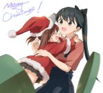  2girls black_eyes brown_eyes brown_hair closed_eyes dress hat houshou_(kantai_collection) incipient_hug japanese_clothes jumping kantai_collection long_hair multiple_girls open_mouth ponytail ryuujou_(kantai_collection) santa_costume santa_hat skirt smile twintails visor_cap younger 