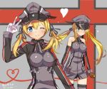  2girls :&lt; alternate_costume anchor anchor_hair_ornament bare_shoulders bismarck_(kantai_collection) blonde_hair blush breasts brown_gloves clenched_hands detached_sleeves gloves hat heart heart_of_string highres kantai_collection looking_at_viewer military military_hat military_uniform multiple_girls nekomicha one_eye_closed peaked_cap prinz_eugen_(kantai_collection) smile twintails uniform v white_gloves 