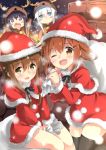  4girls akatsuki_(kantai_collection) alternate_costume animal_costume aqua_eyes aqua_hair black_legwear blush blush_stickers brown_eyes brown_hair capelet christmas dress folded_ponytail fur_trim hair_ornament hairclip hat hibiki_(kantai_collection) highres ikazuchi_(kantai_collection) inazuma_(kantai_collection) kantai_collection long_hair looking_at_viewer multiple_girls over_shoulder purple_hair red_dress reindeer_costume sack santa_costume santa_hat short_hair takoyaki_(takoyaki-batake) thigh-highs violet_eyes 