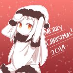  1girl christmas dress hat highres joshua_lee kantai_collection long_hair looking_at_viewer merry_christmas mittens northern_ocean_hime orange_eyes santa_hat shinkaisei-kan smile solo sparkle white_dress white_hair white_skin 