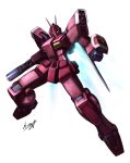  absurdres amazing_red_warrior cannon eblmeka glowing glowing_eyes gundam gundam_build_fighters gundam_build_fighters_try highres mecha no_humans shield simple_background solo thrusters white_background 