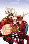  1girl 2boys antlers belt chain hat jojo_no_kimyou_na_bouken jraiden kakyouin_noriaki kuujou_jolyne kuujou_joutarou mask midriff multiple_boys muzzle pantyhose reindeer_antlers steampunk striped striped_legwear top_hat vest waistcoat 