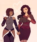  2girls ;) alternate_hair_length alternate_hairstyle avatar:_the_last_airbender black_hair blue_eyes blush brown_hair capelet commentary couple dark_skin eyeshadow green_eyes heart holding_hands iahfy ice_cream_cone interracial korra legend_of_korra lips lipstick makeup multiple_girls one_eye_closed short_hair smile yuri 