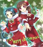  2girls black_hair breasts brown_hair cake caplet christmas dress food fur_trim green_eyes hair_ornament hair_ribbon hairclip hat highres ice_cream irako_(kantai_collection) joujou kantai_collection long_ponytail long_sleeves looking_at_viewer mamiya_(kantai_collection) merry_christmas multiple_girls ponytail red_dress red_ribbon red_skirt ribbon santa_costume santa_hat skirt violet_eyes 