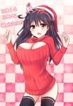  1girl 2014 black_hair black_legwear breasts brown_eyes checkered checkered_background christmas cleavage cleavage_cutout hat kantai_collection large_breasts long_hair looking_at_viewer merry_christmas naigou no_pants open-chest_sweater open_mouth rabbit ribbed_sweater santa_hat sweater thigh-highs turtleneck ushio_(kantai_collection) 