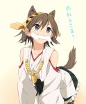  animal_ears bare_shoulders blue_eyes bone brown_hair detached_sleeves dog_ears hairband hiei_(kantai_collection) kantai_collection kisetsu mouth_hold nontraditional_miko short_hair skirt smile tail 