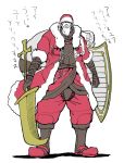 1boy beard boushi-ya facial_hair hat original sack santa_claus santa_hat shield simple_background solo sword weapon 